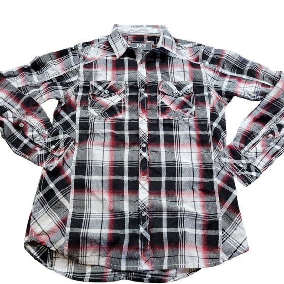 BKE Pearl Snap Shirt Mens Medium Multicolor Plaid Long Sleeve Standard Fit - Picture 1 of 7